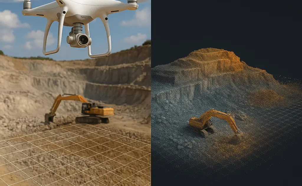 Drone over quarry + 3D point cloud