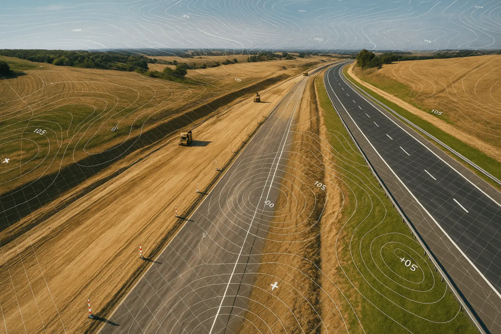 Aerial road construction drone shot with survey markers